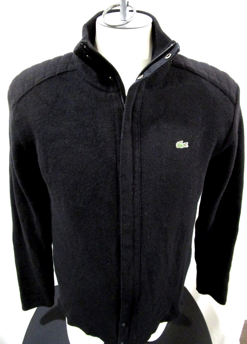 Lacoste Black Wool Blend Full Zip Quilt Lined Sweater Jacket Men Sz 5 / L